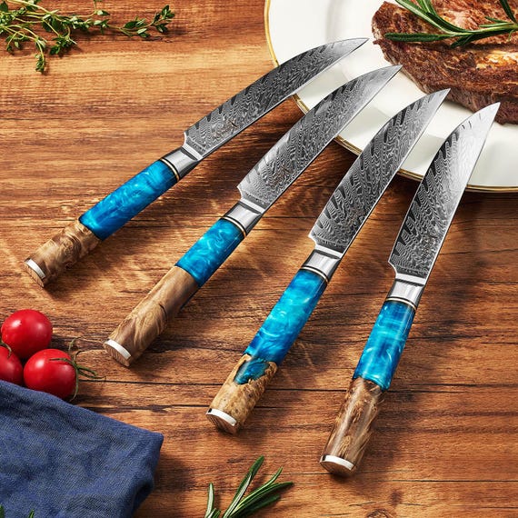 Set Di 8 Coltelli Da Cucina In Acciaio Damasco Forgiato A Mano, Con Custodia In Pelle, WT-1046-8, Lama Fino A 200 Strati