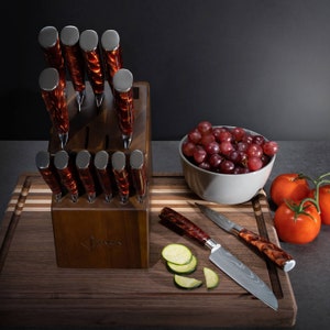Red Knife Block Set 16 Piece on Cutting Board
