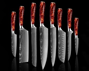 Stunning 8-Piece Crimson Red Kitchen Knife Set with Damascus Pattern - Japanese Chef Knife Set for Home - Comes with Luxury Gift Box