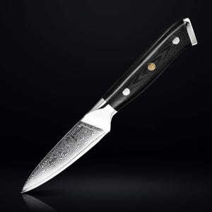 May include: A black handled paring knife with a stainless steel blade featuring a decorative hammered finish. The blade is sharp and pointed.