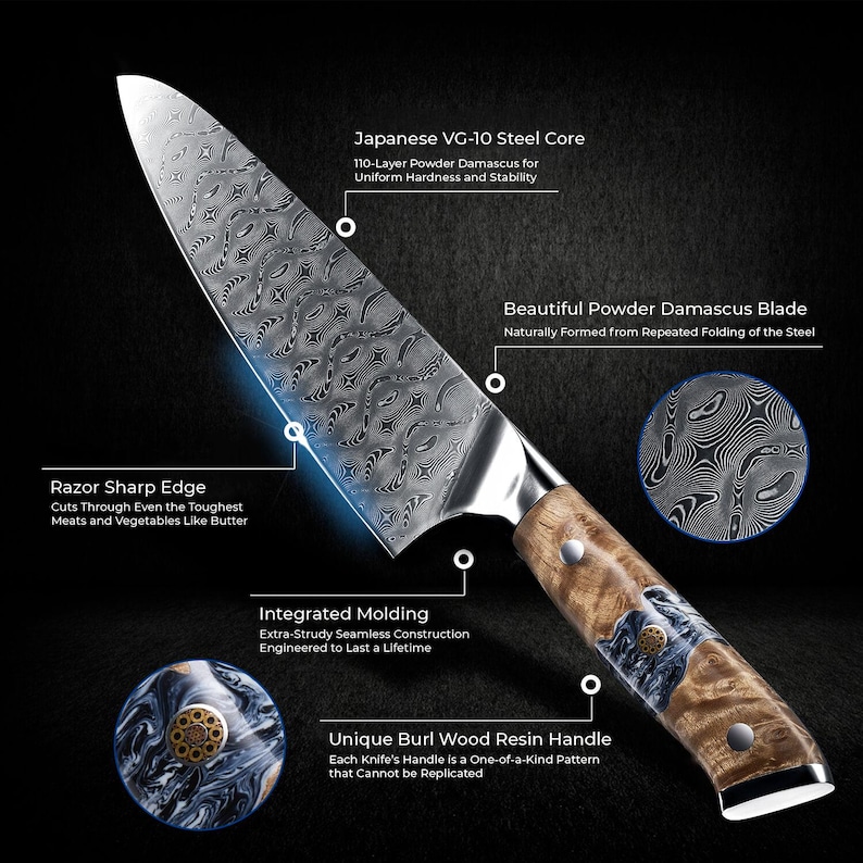 Puede incluir: Un cuchillo de chef japon&eacute;s con n&uacute;cleo de acero VG-10 y hoja de acero Damasco en polvo. El cuchillo presenta un filo afilado y un mango &uacute;nico de resina de madera de ra&iacute;z. La hoja est&aacute; hecha de acero Damasco en polvo de 110 capas.
