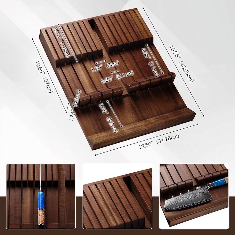May include: A dark brown wooden knife block, designed for drawer storage. The block measures 31.75 cm wide and 40.25 cm long. It features multiple slots for knives of various sizes. The dimensions are labeled in inches and centimeters.
