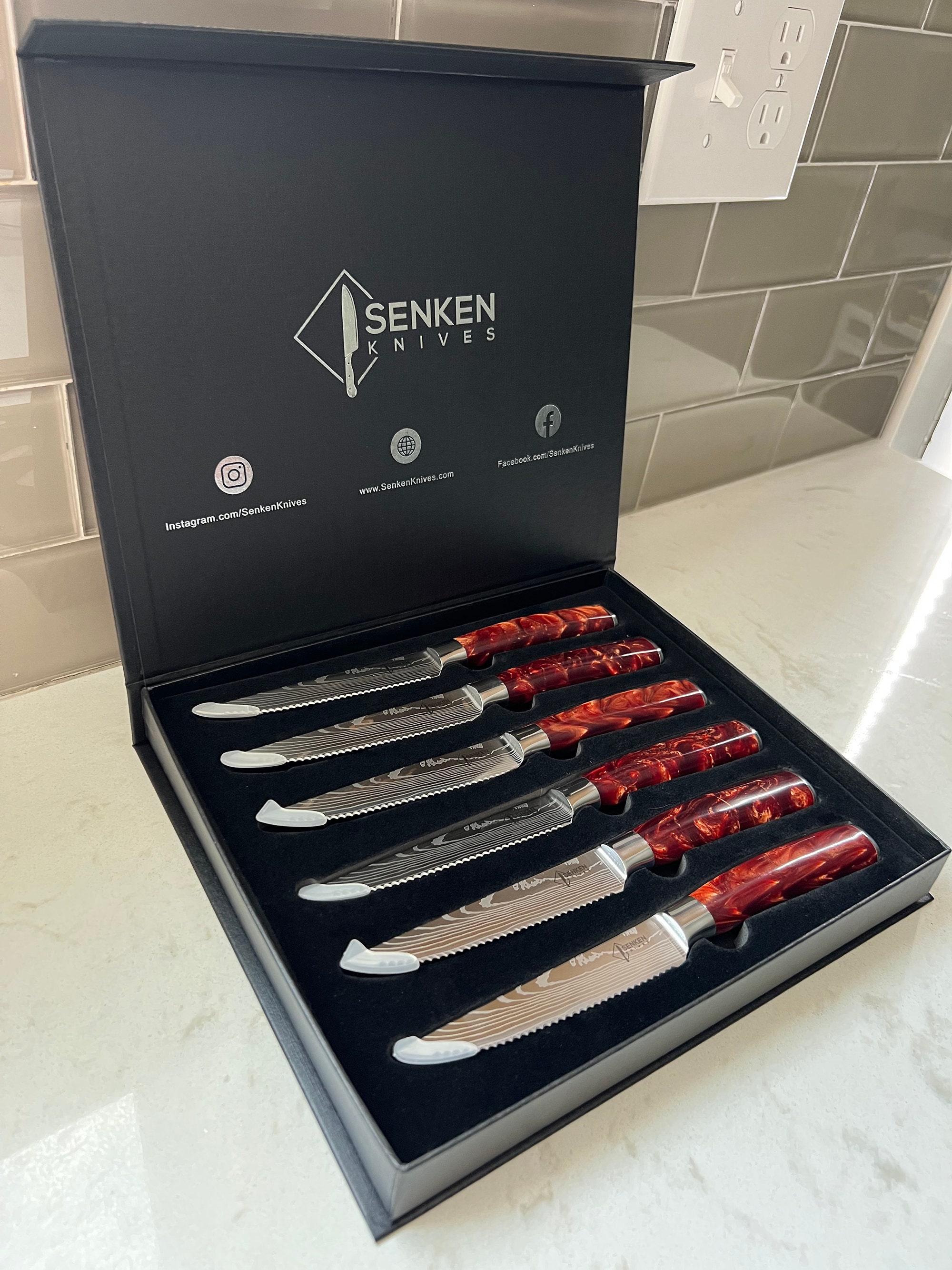 Crimson Red Steak Knife Set With Engraved Damascus Pattern 