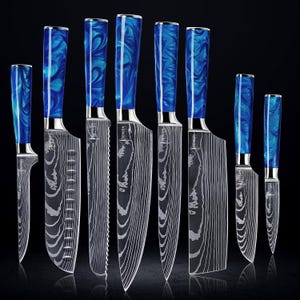 Stunning 8-Piece Japanese Kitchen Knife Set with Damascus Pattern and Beautiful Blue Resin Handle - Professional Chef Knife Set w/ Gift Box