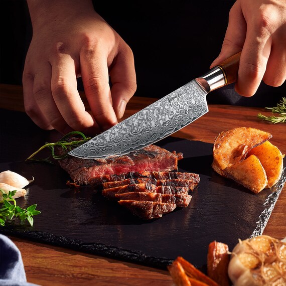 Damascus Steak Knife Set With Beautiful Natural Sycamore Wood