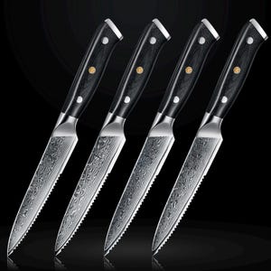 67-Layer Damascus Steel Steak Knife Set - Ruthlessly Sharp Serrated Blades - Forged from Japanese VG10 Steel - Luxury Gift Box Set of 4