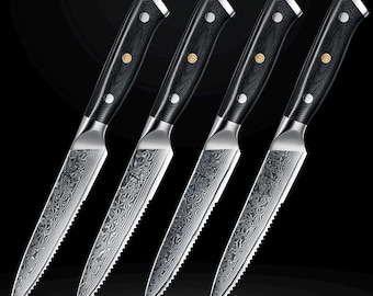 67-Layer Damascus Steel Steak Knife Set - Ruthlessly Sharp Serrated Blades - Forged from Japanese VG10 Steel - Luxury Gift Box Set of 4