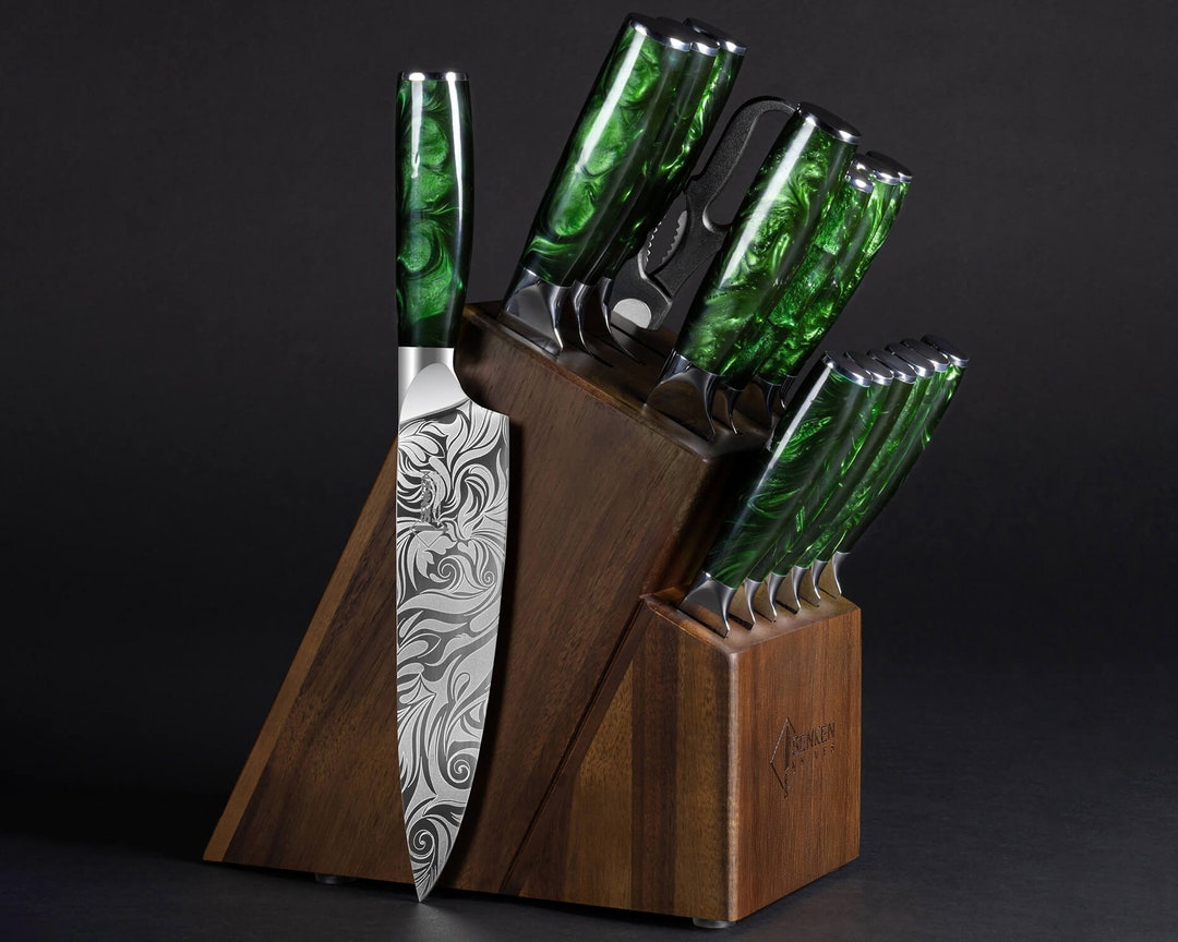 16piece Japanese Knife Block Set, Natural Acacia Wood Beautifully