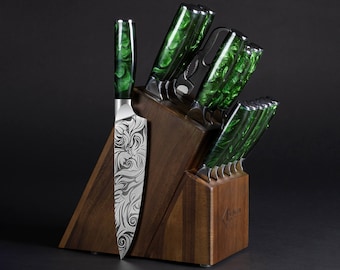 16-Piece Japanese Knife Block Set, Natural Acacia Wood - Beautifully Engraved Chef Knife Set, Steak Knives, Kitchen Shears - Green Resin