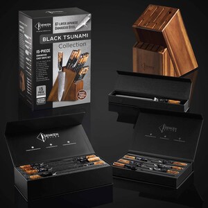 May include: A 15-piece Black Tsunami Collection chef knife set by Senken Knives. The set includes knives with wooden handles and a wooden knife block. The packaging includes a black box with the Senken Knives logo and product information.