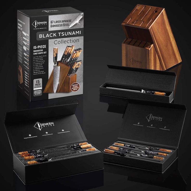 May include: A 15-piece Black Tsunami Collection chef knife set by Senken Knives. The set includes knives with wooden handles and a wooden knife block. The packaging includes a black box with the Senken Knives logo and product information.