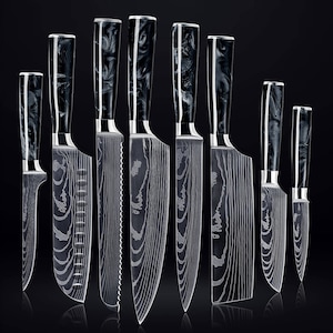8-Piece Japanese Kitchen Knife Set with Black Resin Handle & Damascus Blade Pattern - Professional Chef Knife Set with Luxury Gift Box