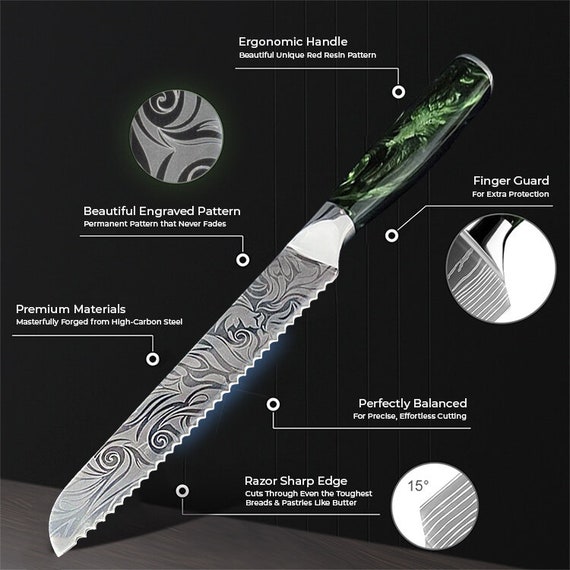 Serrated 8 Bread Knife Wasabi Collection Beautiful Engraving and Emerald  Green Resin Handle Premium High Carbon Stainless Steel 