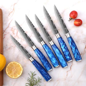Beautiful Blue Resin Steak Knife Set with Damascus Engraved Pattern - Razor Sharp Serrated Blade - Gift Box Set of 4, 6, or 8