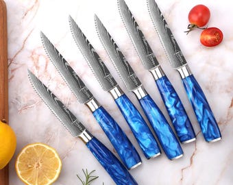 Beautiful Blue Resin Steak Knife Set with Damascus Engraved Pattern - Razor Sharp Serrated Blade - Gift Box Set of 4, 6, or 8