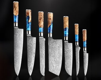 67-Layer Damascus Steel Kitchen Knife Set - 7-Piece Japanese Chef Knife Set "Tsunami" Collection, Forged from Japanese VG10 Steel