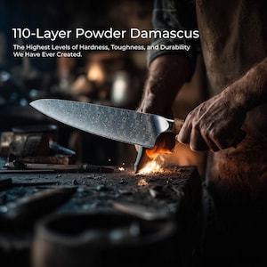 Puede incluir: Un cuchillo de chef de acero de Damasco con una hoja estampada se est&aacute; afilando. El cuchillo tiene un mango de madera. El texto de la imagen dice: "110-Layer Powder Damascus. The Highest Levels of Hardness, Toughness, and Durability We Have Ever Created."