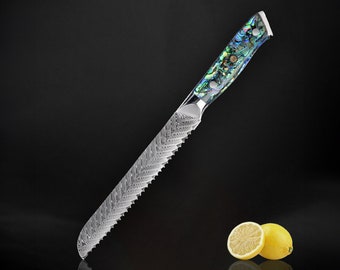 Damascus Steel Bread Knife with Real Abalone Shell Handle - Japanese VG10 67-Layer Damascus Steel - 8" Serrated Blade, Luxury Gift Box