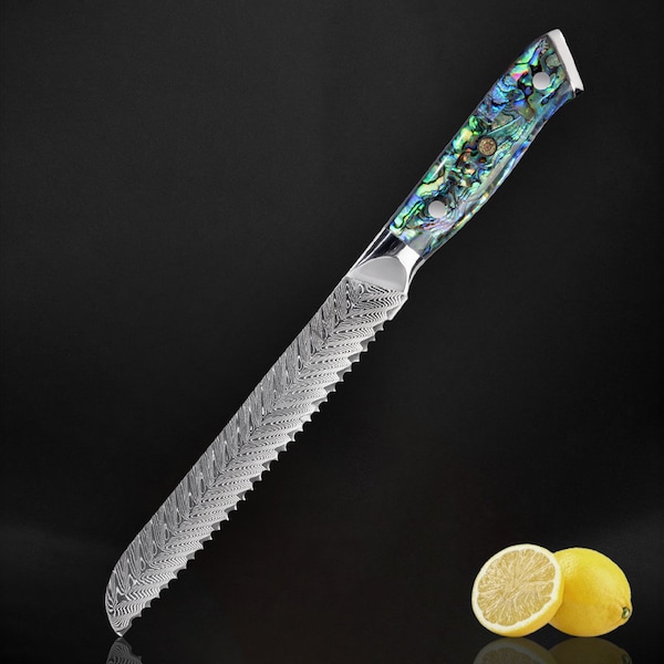 Damascus Steel Bread Knife with Real Abalone Shell Handle - Japanese VG10 67-Layer Damascus Steel - 8" Serrated Blade, Luxury Gift Box