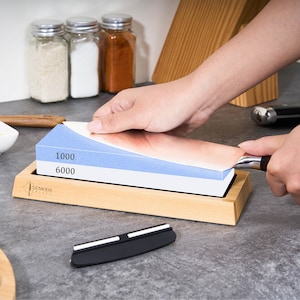 1000 / 6000 Grit Japanese Whetstone Kit with Angle Guide and Bamboo Case - Premium Dual-Sided Knife Sharpening Stone (Sharpening + Honing)