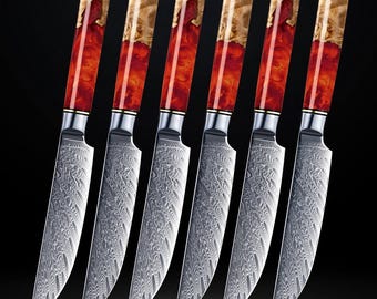 レッドツナミダマスカス鋼ステーキナイフ6本セット - レッドレジンバールウッドハンドル - 超鋭利な日本製VG10 67層非鋸歯状ブレード