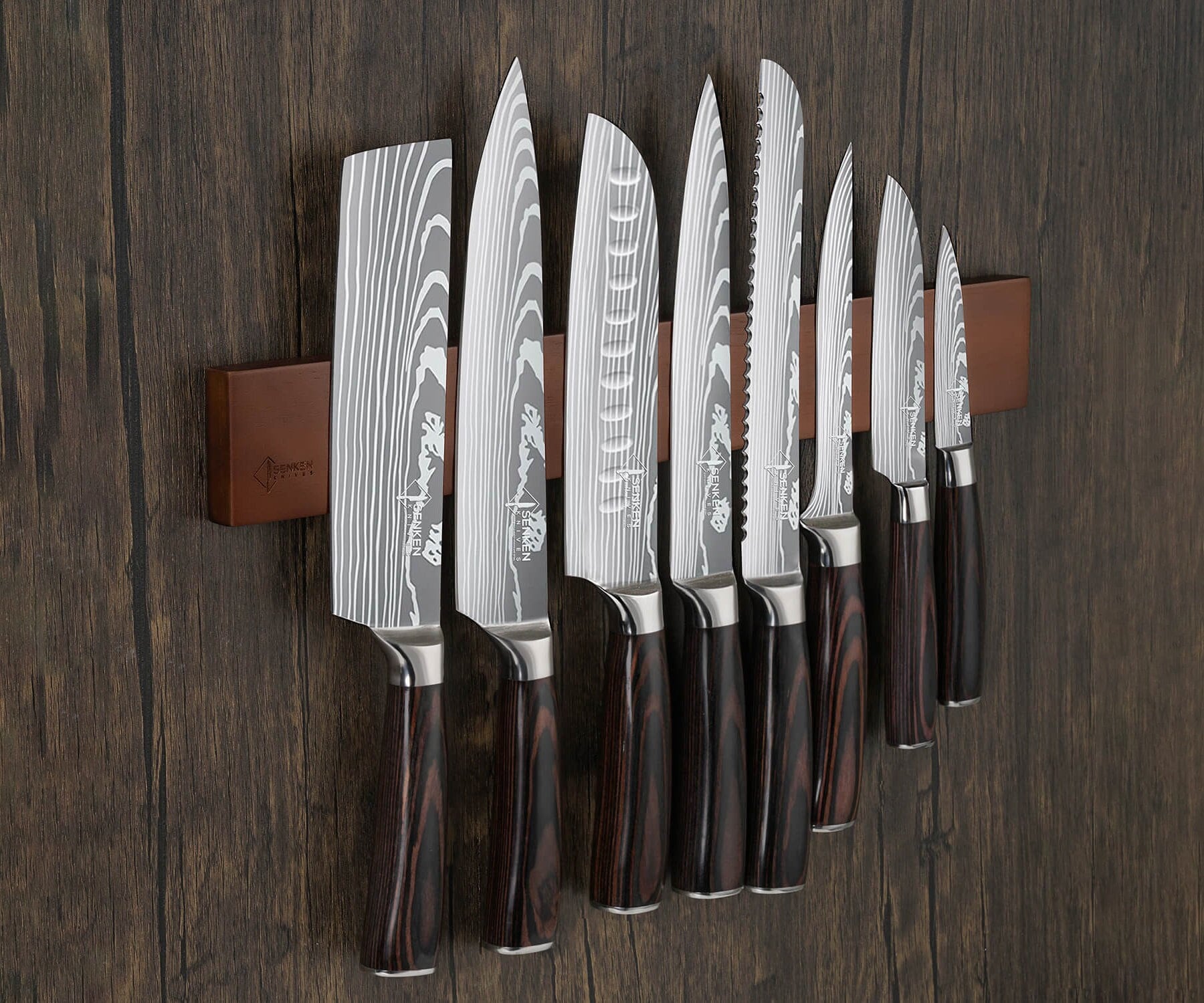 7-Piece Damascus Steel Kitchen Knife Set - Tsunami Collection - 67-Layer Japanese VG10 Steel - Chef's Knife, Cleaver Knife, Bread Knife, & More, Size