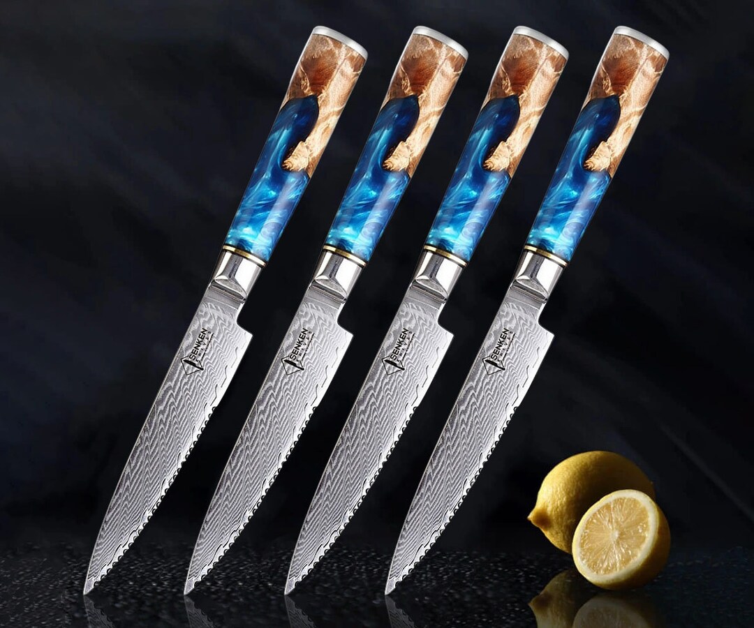 Japanese Damascus Steel Steak Knife Set With Beautiful Blue Resin