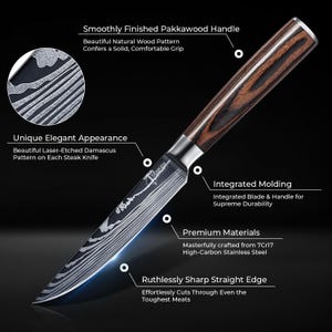 Pu&ograve; includere: Un primo piano di un coltello per bistecca con un manico in pakkawood nero e una lama in acciaio damascato. La lama presenta un motivo inciso a laser e un bordo dritto e affilato. Il manico &egrave; realizzato in pakkawood, un legno resistente e bello. Il coltello &egrave; realizzato in acciaio inossidabile ad alto tenore di carbonio ed &egrave; progettato per un taglio senza sforzo.