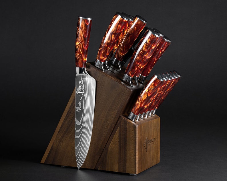 Crimson Red Knife Block Set Japanese 8-Piece Chef Knives Damascus Pattern Resin Handles Acacia Block