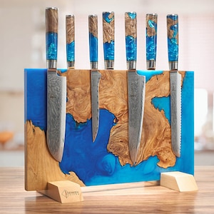 Extra Large &quot;Tsunami &quot; Magnetic Knife Block - Holds Up to 16 Knives - Beautiful Blue Resin & Natural Wood Blend, Universal Knife Holder