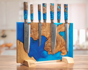 Extra Large "Tsunami " Magnetic Knife Block - Holds Up to 16 Knives - Beautiful Blue Resin & Natural Wood Blend, Universal Knife Holder