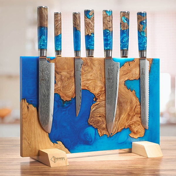 Bloc de couteaux magnétique extra large « Tsunami » - Peut contenir jusqu’à 16 couteaux - Belle résine bleue et mélange de bois naturel, porte-couteau universel