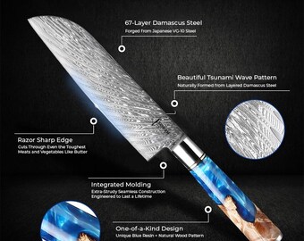 日本製ダマスカス鋼 7インチ 三徳包丁 - 津波模様、ブルー樹脂木製