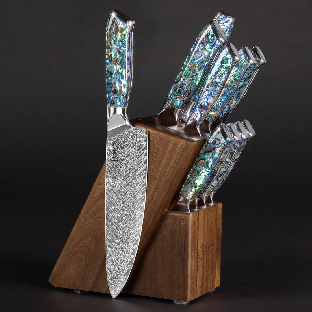 11-piece Real Abalone Shell Damascus Knife Block Set With Acacia Wood ...