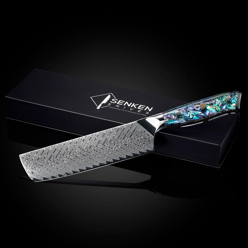 Stunning Abalone Shell Damascus Cleaver Knife - 7.5" Japanese Nakiri Knife with Deep-Sea Abalone - Ultra Sharp Blade image 5