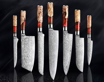 Damascus Kitchen Knife Set with Exquisite Red Resin Burl Wood Handles - 67-Layer Damascus Steel with Japanese VG10 Steel Core