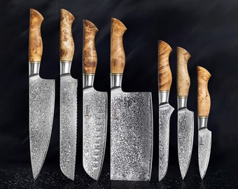 67層ダマスカス鋼キッチンナイフセット、天然シカモアウッドハンドル付き - 日本製シェフナイフ7点セット「Dynasty」コレクション