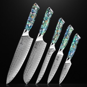 67-Layer Damascus Steel Kitchen Knife Set - 5-Piece Japanese Chef Knife Set with Authentic Deep-Sea Abalone Shell Handle, Luxury Gift Box