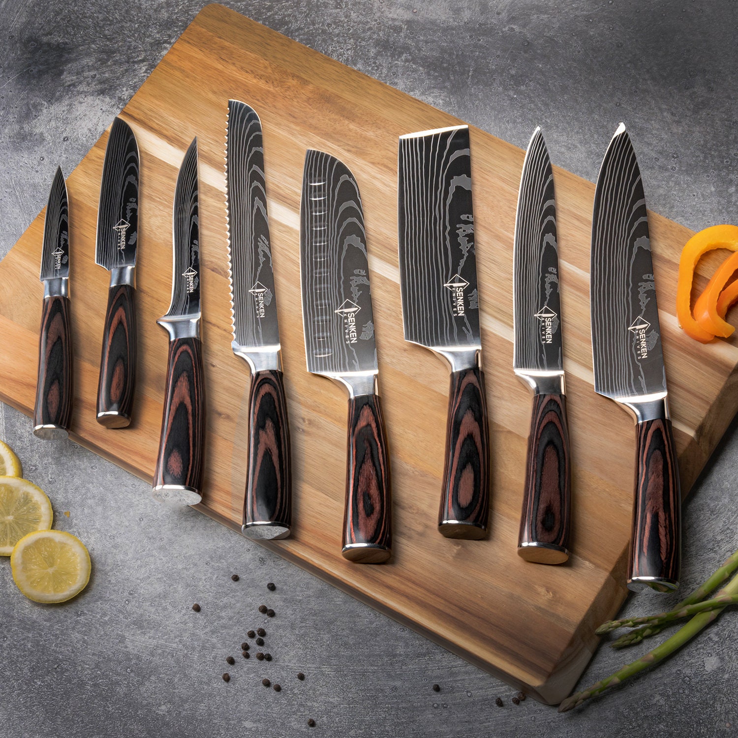 16-piece Natural Acacia Wood Knife Block Set Damascus Pattern Chef Knife Set,  Steak Knives, Kitchen Shears Pakka Wood Handles 