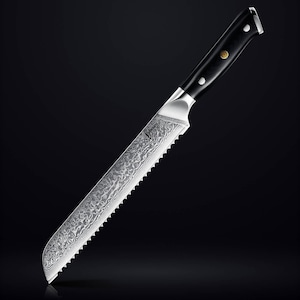 Damascus Bread Knife - &quot;Shogun&quot; Series Serrated Knife - 67 Layer Japanese Damascus Bread Slicer
