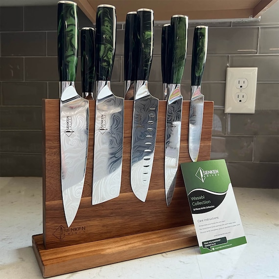 Beautifully Engraved Knife Set Japanese Knife Set With Green Resin Handles  wasabi 8-piece Knife Collection 