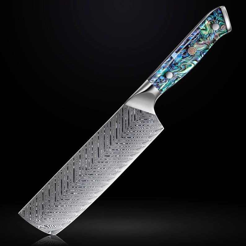 May include: A silver chef's knife with a blue and green patterned handle. The blade has a wavy, textured pattern.