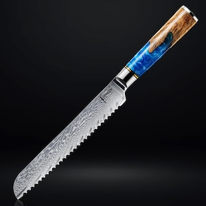 67-Layer Damascus Steel Bread Knife - Japanese VG10 Damascus Steel & Blue Resin Handle - 8&quot; Serrated Blade, Includes Luxury Gift Box