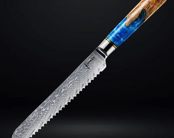 67-Layer Damascus Steel Bread Knife - Japanese VG10 Damascus Steel & Blue Resin Handle - 8&quot; Serrated Blade, Includes Luxury Gift Box