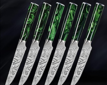 Beautifully Engraved 6-Piece Steak Knife Set with Emerald Green Resin Handle - High Carbon Stainless Steel Steak Knife Set