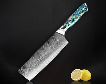 Couteau couperet damas - Nakiri, couperet à viande japonais avec manche en véritable ormeau des grands fonds - Lame de 7,5 pouces