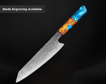Damascus Chef Knife's with Azure Blue Handle, Engraving & Personalization - 67-Layer Damascus Japanese VG10 Steel, Gift for Chef, Boyfriend