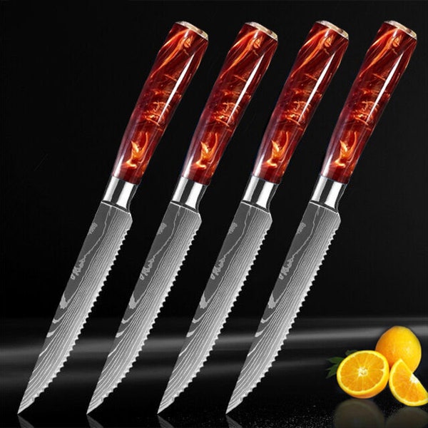 Crimson Red Steak Knife Set with Engraved Damascus Pattern - Razor Sharp Serrated Blade - Gift Box Sets of 4, 6, or 8