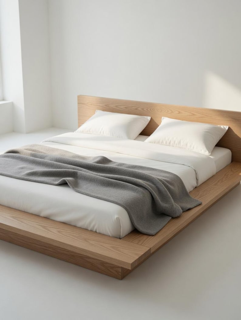 Puede incluir: Una cama moderna con plataforma y marco de madera clara. La cama est&aacute; hecha con s&aacute;banas blancas, dos almohadas blancas y una manta gris. La habitaci&oacute;n es luminosa y minimalista.