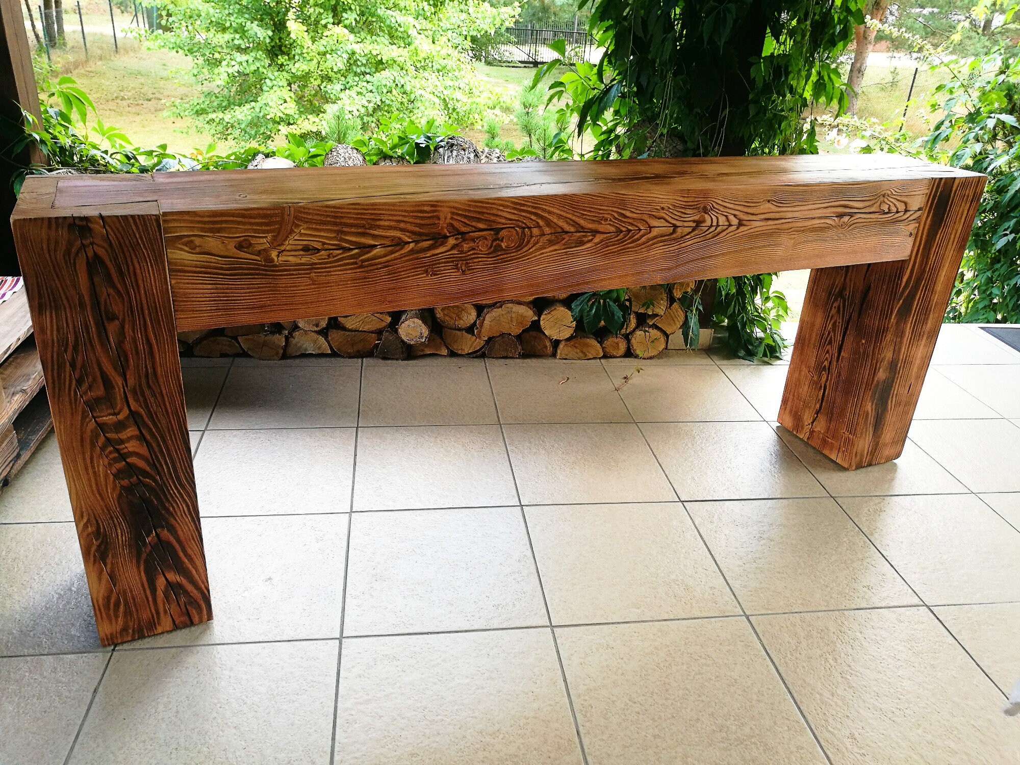 Console Table Made of Old Solid Wood Beams Joined in